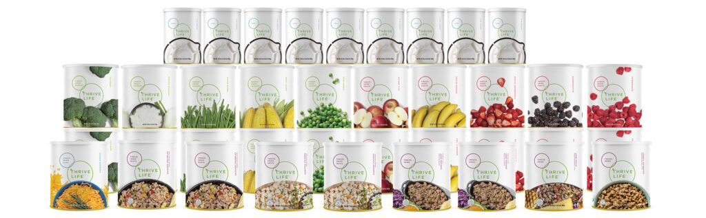 row of Thrive Life freeze dried food cans