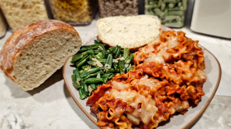 Meal in a jar recipe for sausage skillet lasagna prepared and served on plate